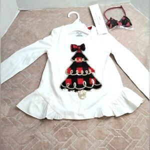 Max studio kids size (4)  white long sleeve Christmas tree shirt with headband